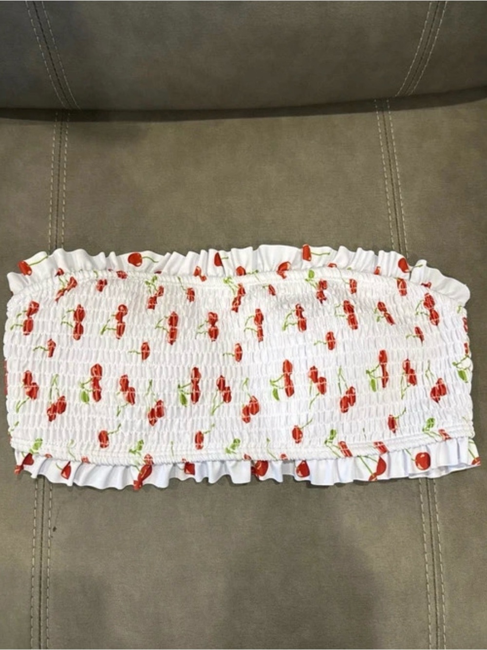 SHEIN White Smocked Cherry Print Bandeau Bikini